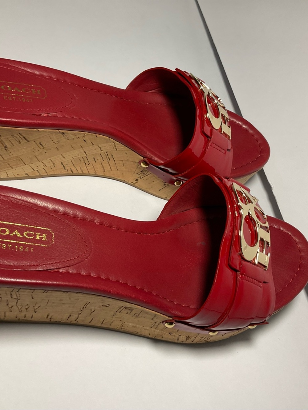 Coach Red Patent Slide Mules with Gold Logo Accent - Picture 4 of 8